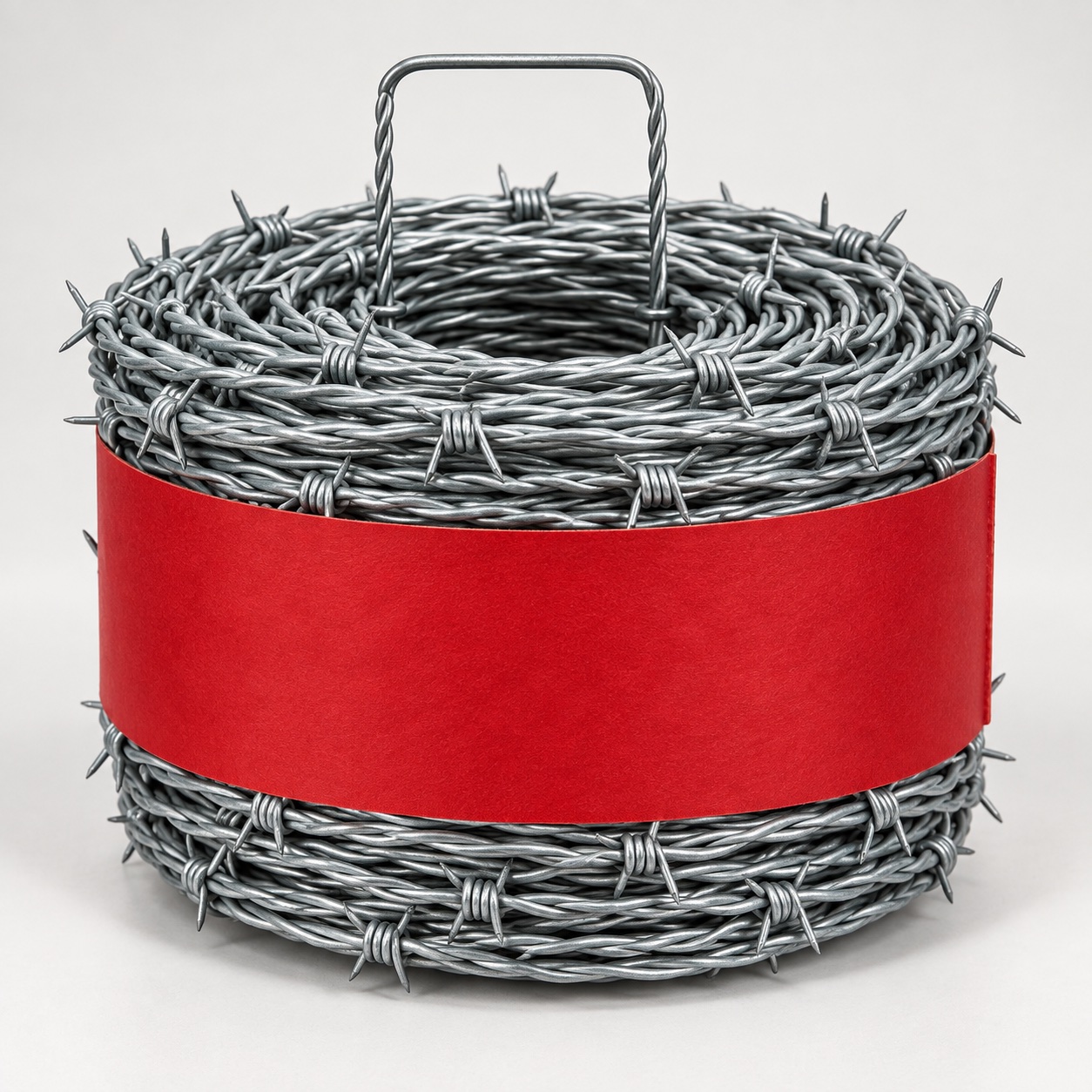 AI-generated illustrative product image of galvanized barbed wire rolls