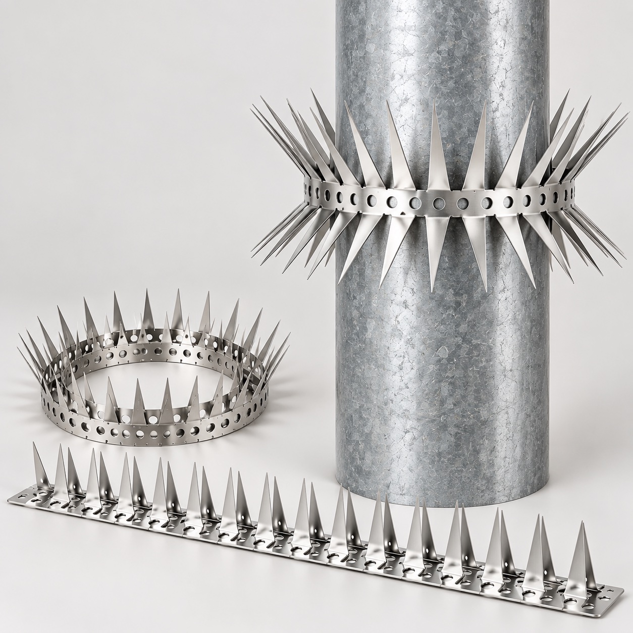 AI-generated illustrative product image of stainless steel rat climbing spikes